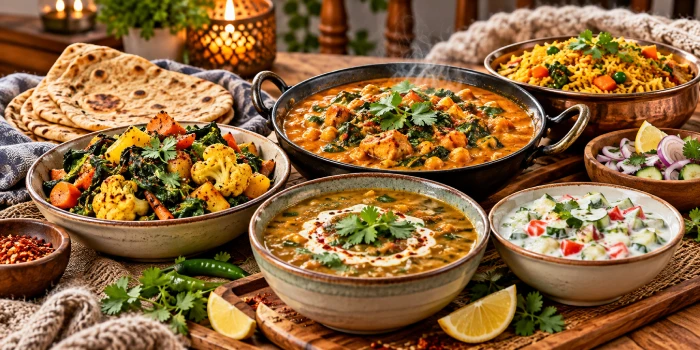 A cozy spread of easy healthy winter Indian dinner recipe ideas featuring vegetable curry, dal, spiced rice, roasted vegetables, naan, raita, fresh salad, herbs, and lemon on a warm rustic table