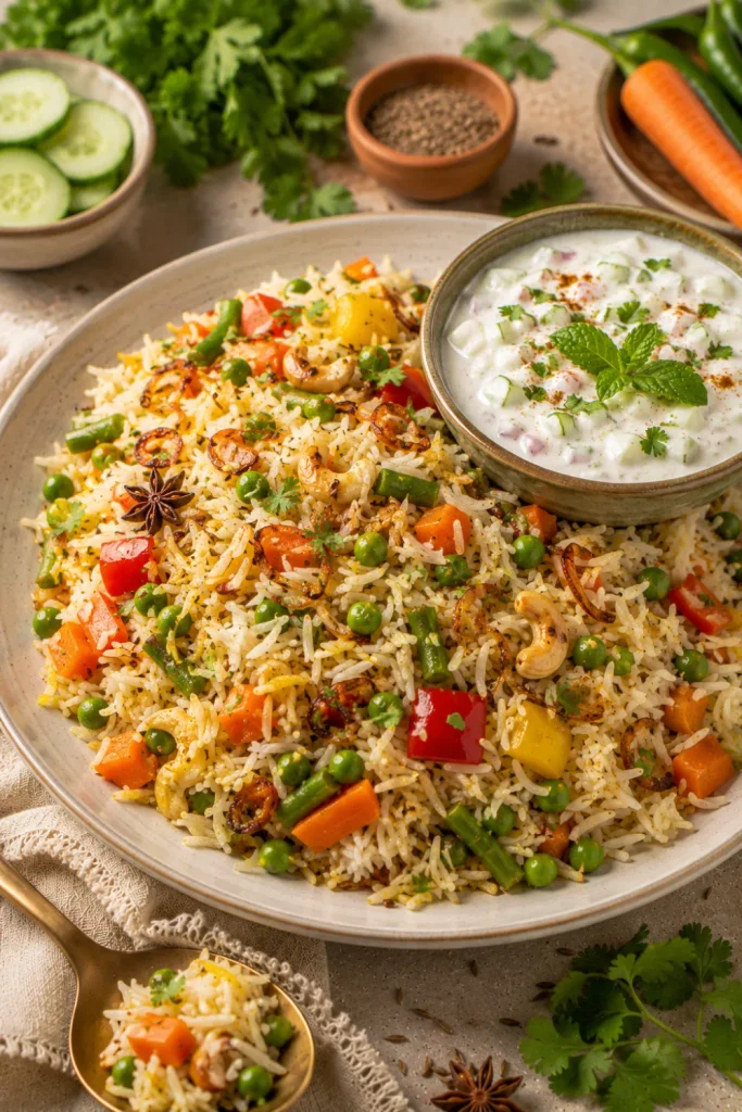 Easy Healthy Winter Indian Dinner Recipe Ideas featuring healthy vegetable pulao with fluffy basmati rice, colorful vegetables, spices, and fresh yogurt raita.