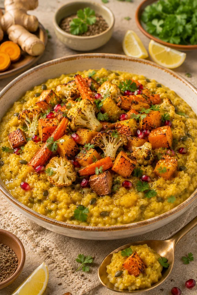 Easy Healthy Winter Indian Dinner Recipe Ideas featuring creamy khichdi topped with roasted winter vegetables, carrots, cauliflower, pumpkin, coriander, and lemon.
