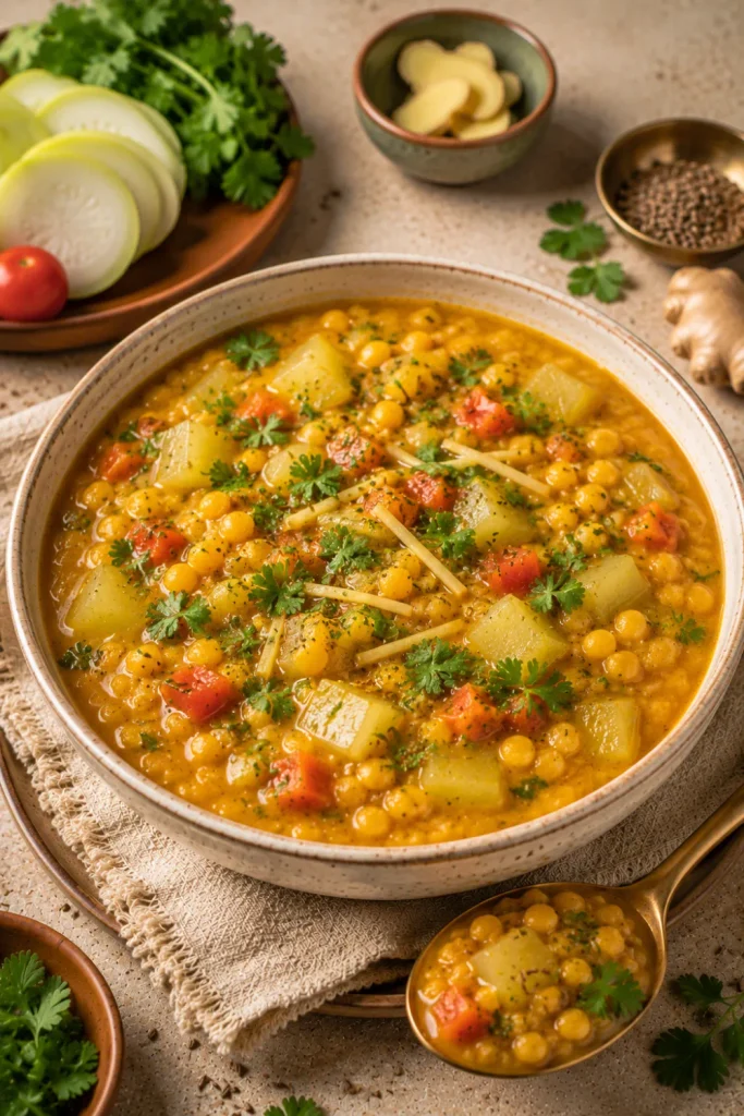 Easy Healthy Winter Indian Dinner Recipe Ideas featuring nourishing lauki chana dal with bottle gourd, split chickpeas, tomatoes, turmeric, and coriander.