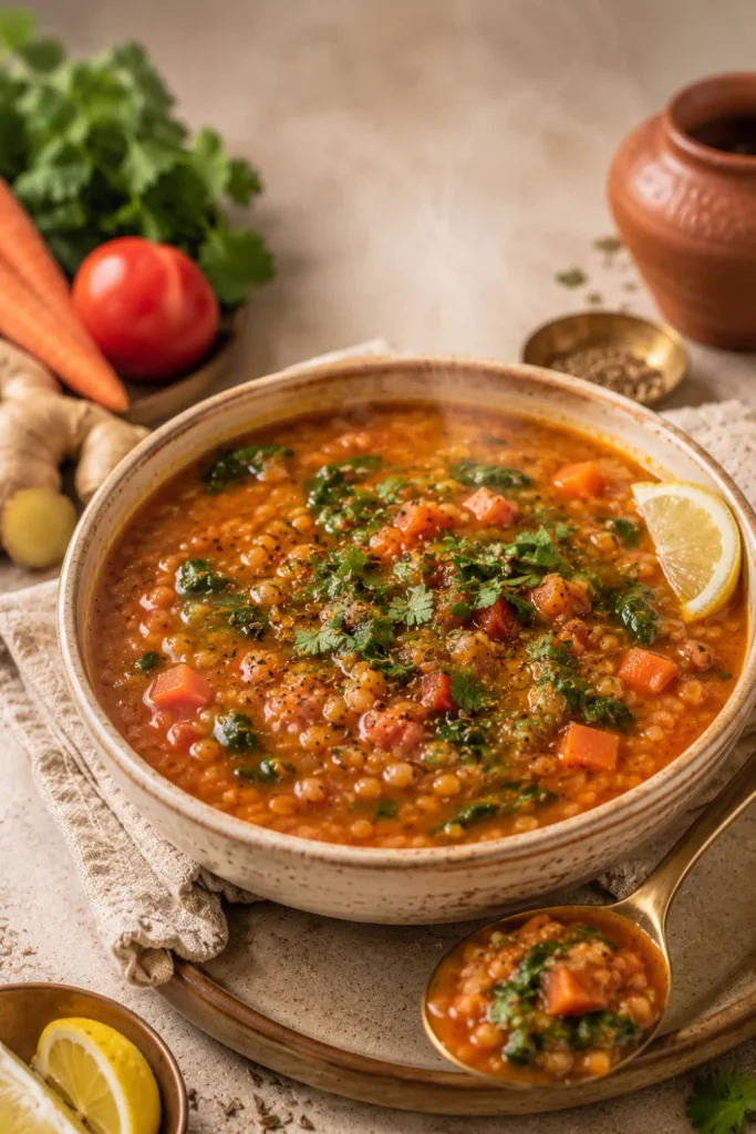 Easy Healthy Winter Indian Dinner Recipe Ideas with hearty masoor dal vegetable soup, carrots, tomatoes, spinach, and Indian warming spices.