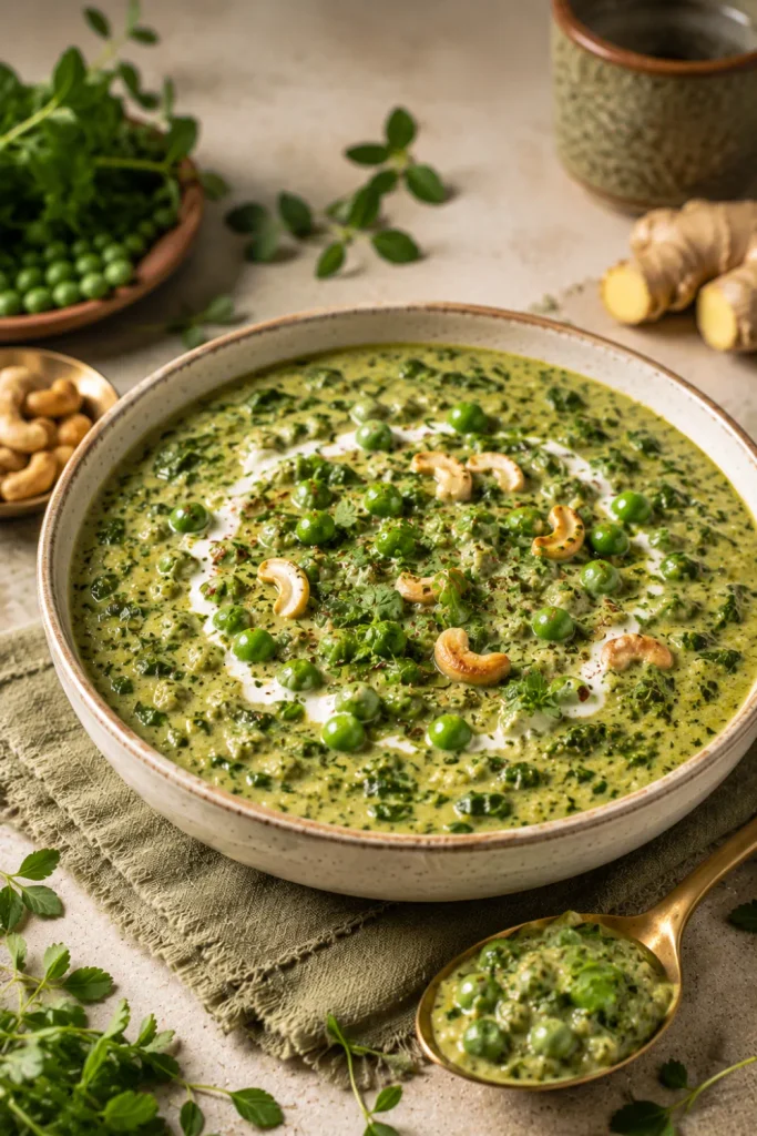 Easy Healthy Winter Indian Dinner Recipe Ideas featuring lighter methi matar malai with green peas, fenugreek, creamy Indian gravy, and herbs.
