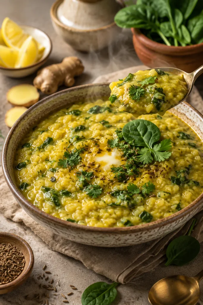 Easy Healthy Winter Indian Dinner Recipe Ideas featuring creamy moong dal palak khichdi with spinach, rice, warming spices, and fresh coriander.