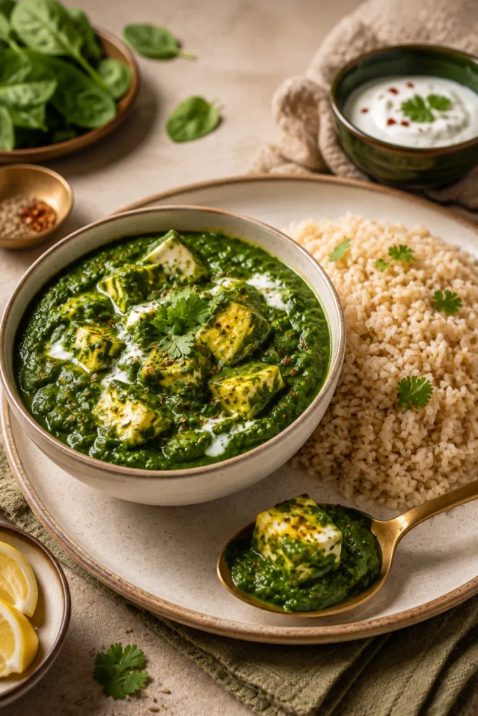 Easy Healthy Winter Indian Dinner Recipe Ideas featuring creamy palak paneer with golden paneer cubes, spinach gravy, brown rice, and coriander.