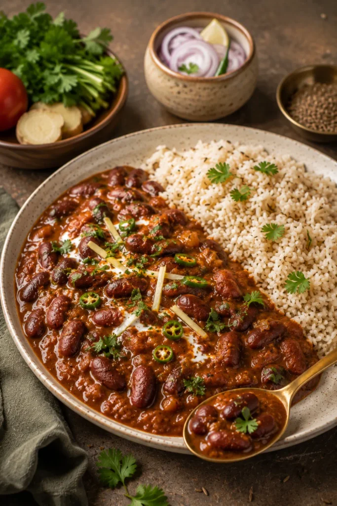 Easy Healthy Winter Indian Dinner Recipe Ideas showing rich rajma masala with kidney beans and fragrant jeera brown rice, coriander, and Indian spices.