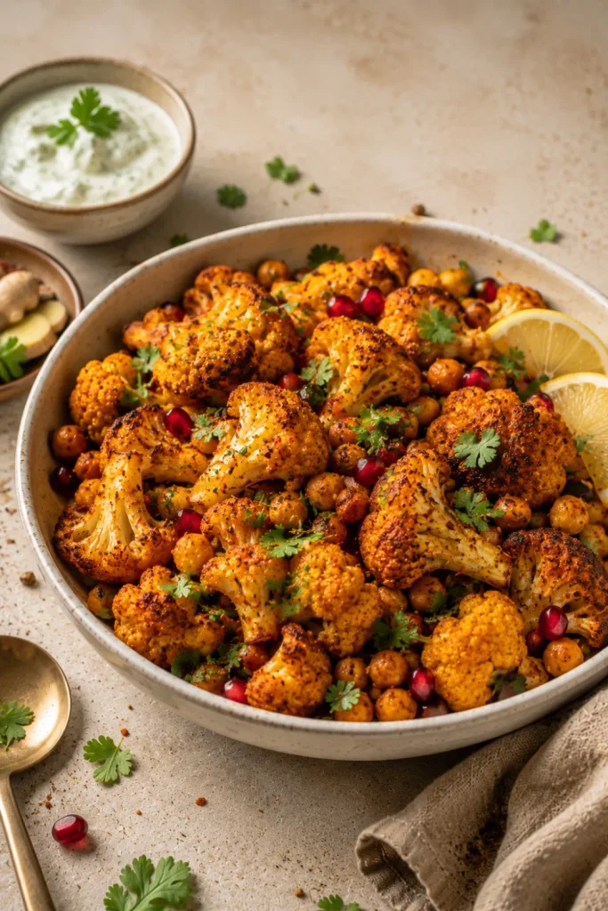 Easy Healthy Winter Indian Dinner Recipe Ideas featuring roasted tandoori cauliflower and chickpeas with bold Indian spices, coriander, lemon, and yogurt chutney.
