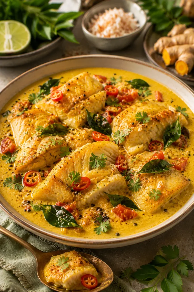 Easy Healthy Winter Indian Dinner Recipe Ideas featuring creamy turmeric coconut fish curry with tender white fish, coconut milk, curry leaves, and Indian spices.