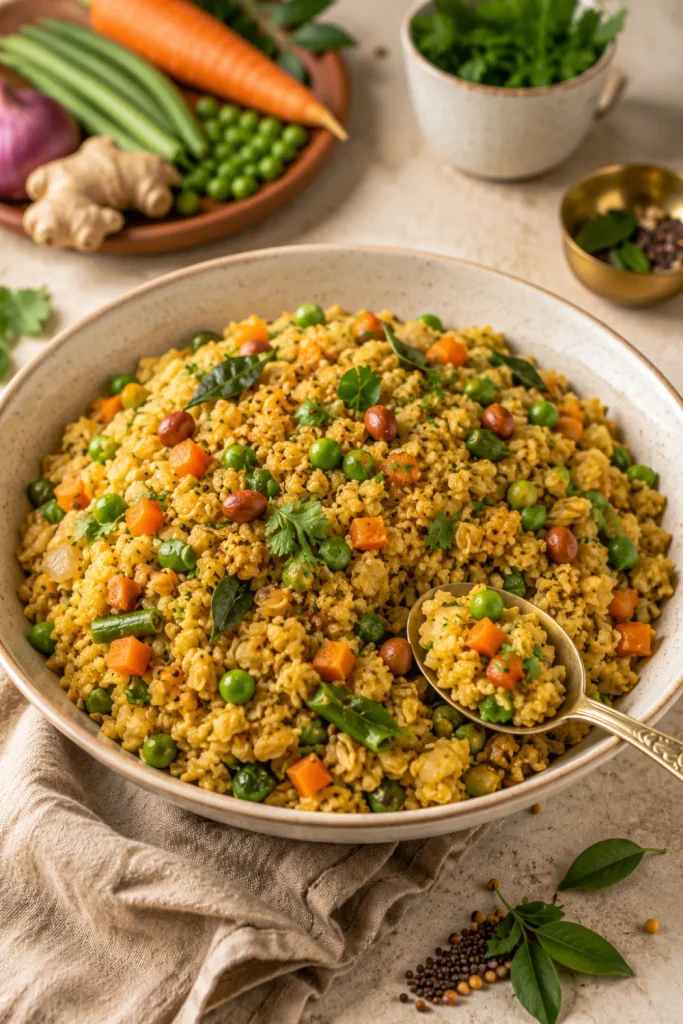 Easy Healthy Winter Indian Dinner Recipe Ideas showing colorful vegetable oats upma with carrots, peas, beans, Indian spices, and peanuts.