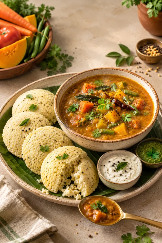 Easy Healthy Winter Indian Dinner Recipe Ideas with colorful vegetable sambar and soft millet idli, featuring carrots, pumpkin, beans, tomato, and curry leaves.