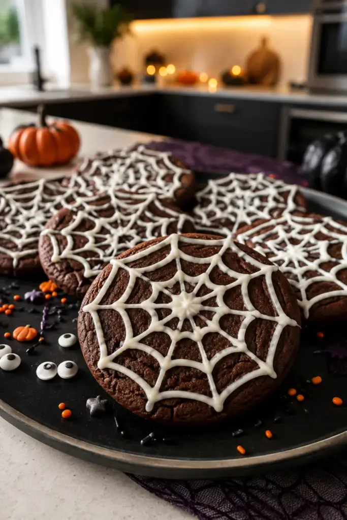 Easy spider web cookies decorated with white icing webs on rich chocolate cookies, styled for a colorful modern Halloween dessert table.