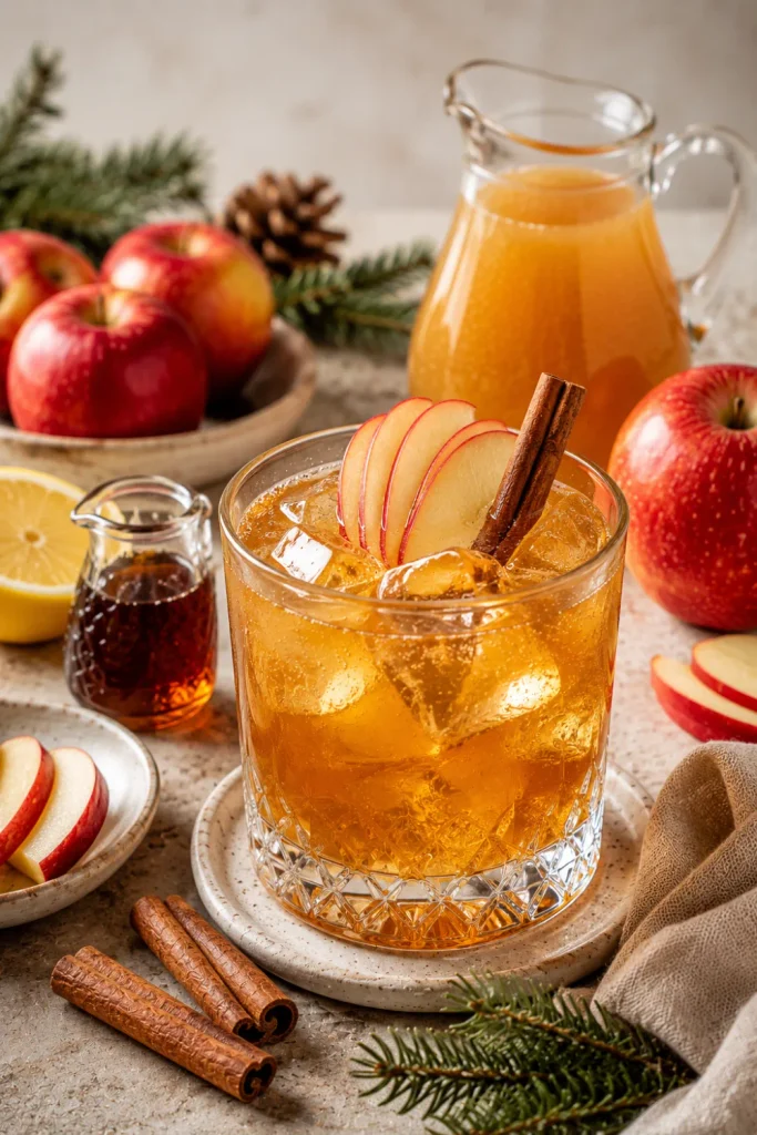 Apple Cider Bourbon Cocktail with bourbon, apple cider, cinnamon, maple, lemon, and a fresh apple garnish for easy winter alcohol drink recipes.