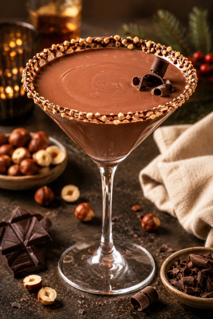 Chocolate Hazelnut Martini with vodka, chocolate liqueur, hazelnut liqueur, cream, and rich dessert-inspired winter styling.