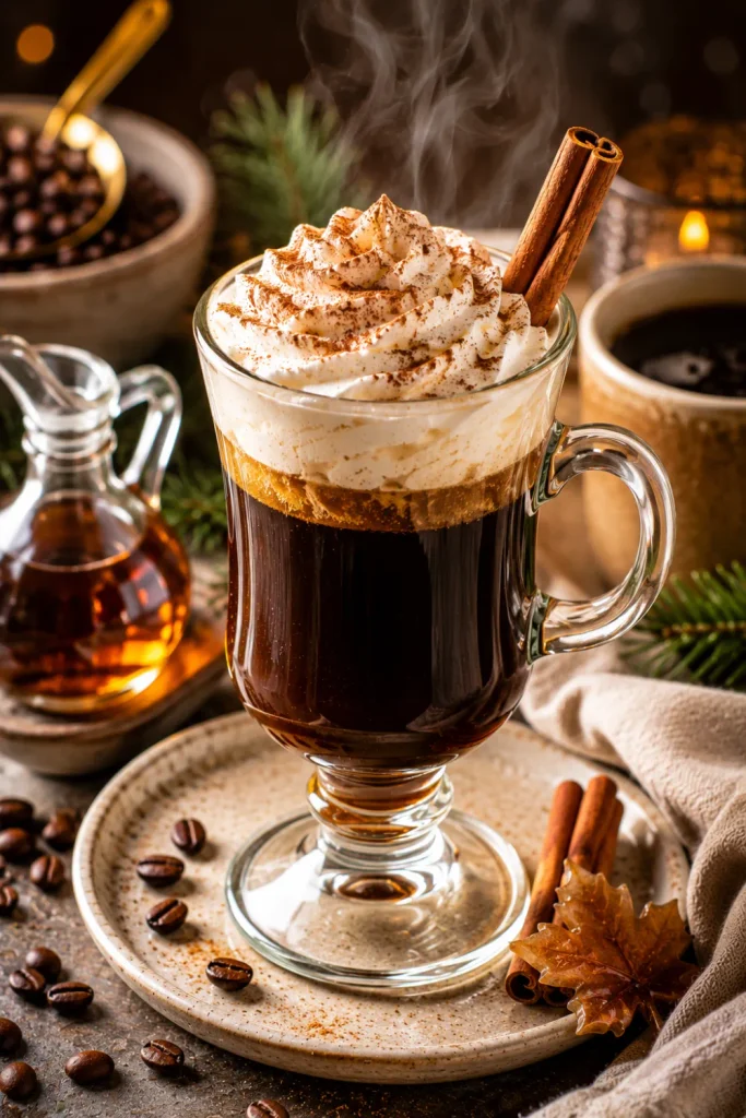 Cinnamon Maple Irish Coffee with Irish whiskey, hot coffee, maple syrup, cinnamon, and creamy topping in a cozy winter setup.