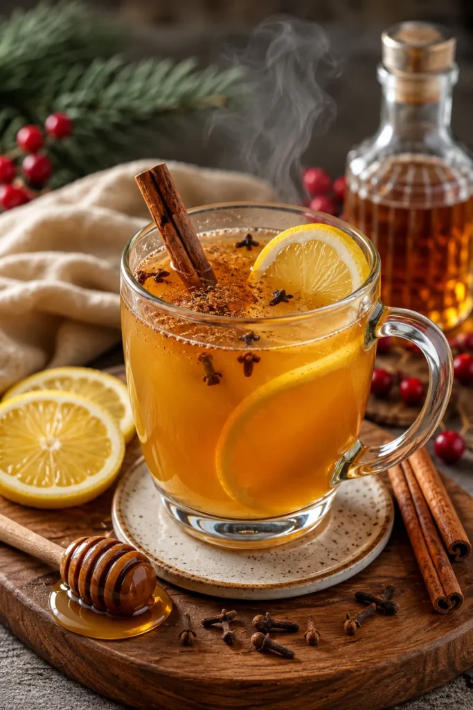 Classic Hot Toddy with whiskey, honey, lemon, cinnamon, and warm winter spices, styled for easy winter alcohol-drink recipes.