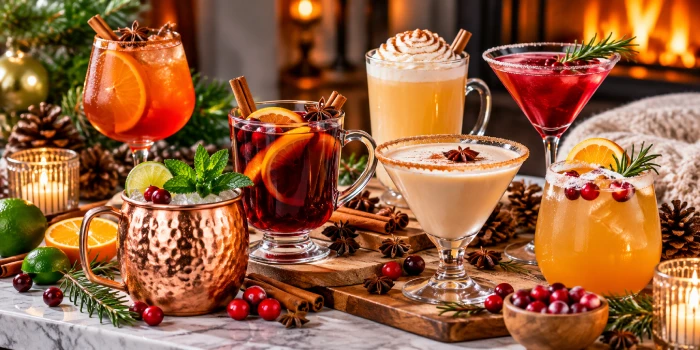 Easy winter alcohol-drink recipes featuring cozy holiday cocktails with cranberry, orange, cinnamon, rosemary, and warm seasonal garnishes served by a festive fireplace