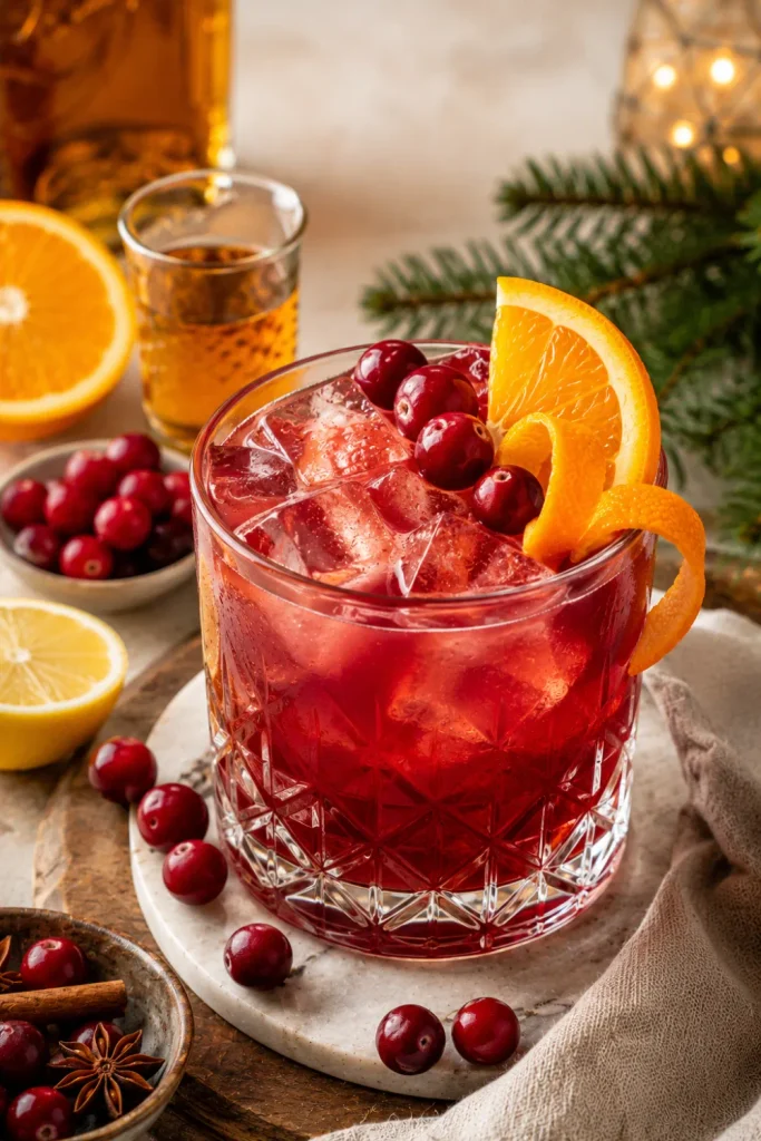 Cranberry Orange Whiskey Sour with whiskey, cranberry juice, orange, lemon, and festive garnishes for winter entertaining.