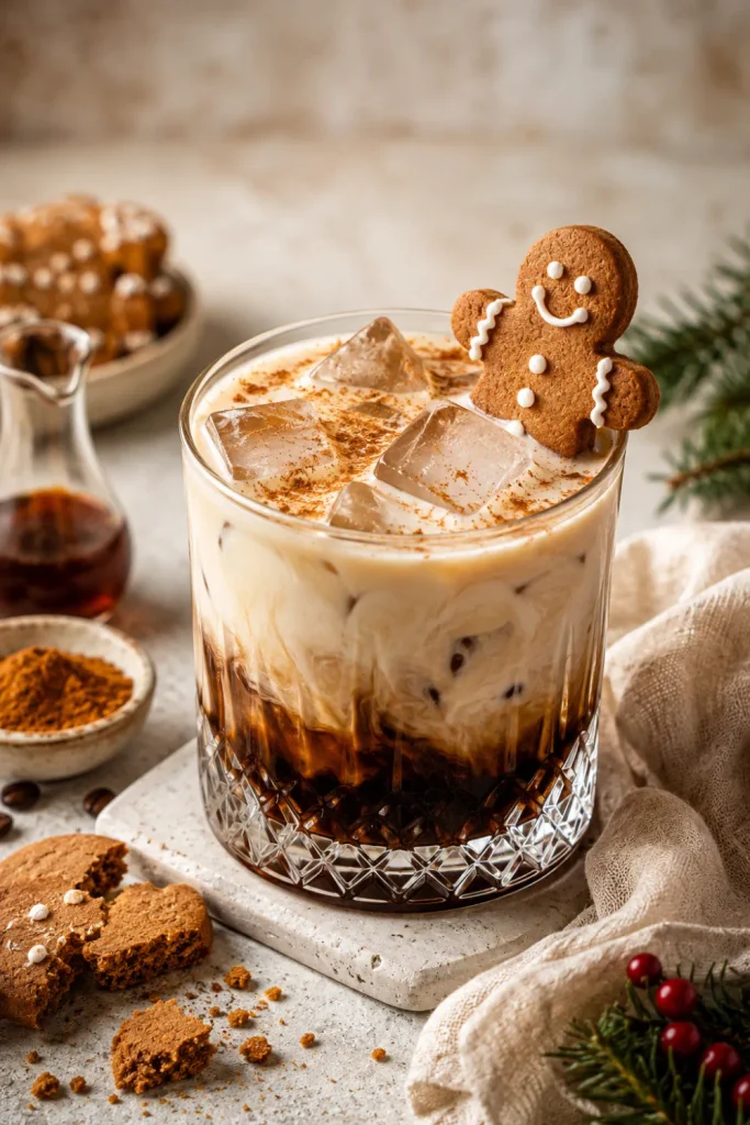 Creamy Gingerbread White Russian with vodka, coffee liqueur, cream, gingerbread syrup, and cinnamon for easy winter alcohol drink recipes.