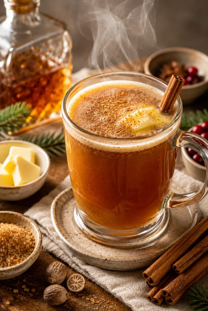 Hot Buttered Rum with dark rum, butter, brown sugar, cinnamon, and nutmeg in a cozy modern winter drink presentation.