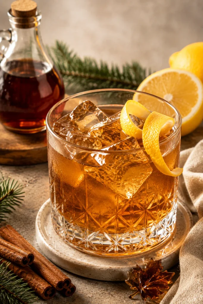 Maple Bourbon Sour with bourbon, pure maple syrup, fresh lemon juice, ice, and a lemon twist in a modern winter setting.