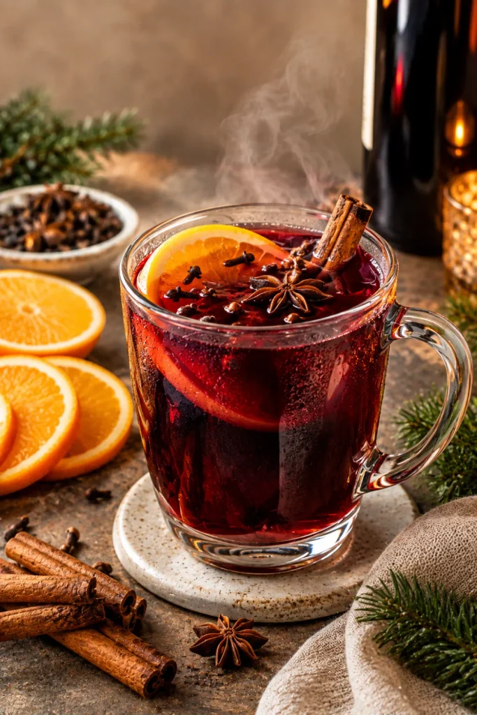 Mulled wine with red wine, oranges, cinnamon, cloves, and star anise is styled as a cozy winter cocktail.