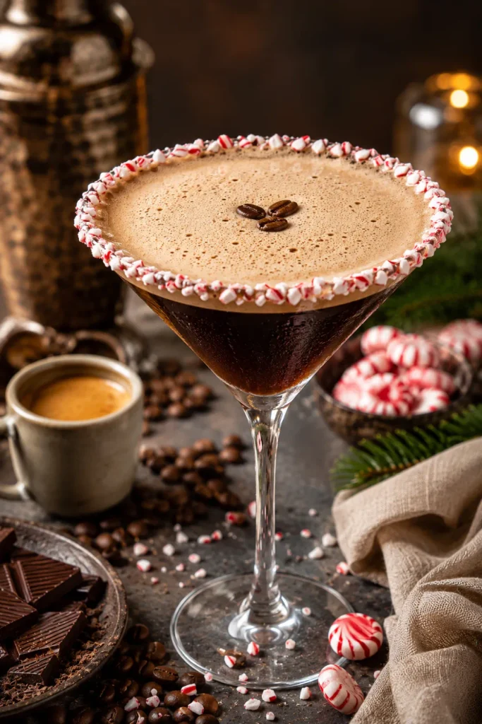 Peppermint Espresso Martini with vodka, fresh espresso, coffee liqueur, peppermint, and festive crushed candy for easy winter alcohol drink recipes.