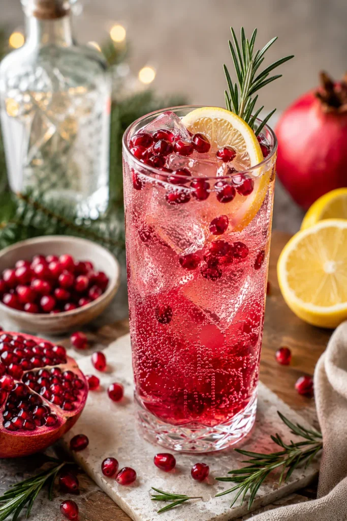 Pomegranate Gin Fizz with gin, pomegranate juice, lemon, sparkling water, pomegranate seeds, and festive winter garnishes.