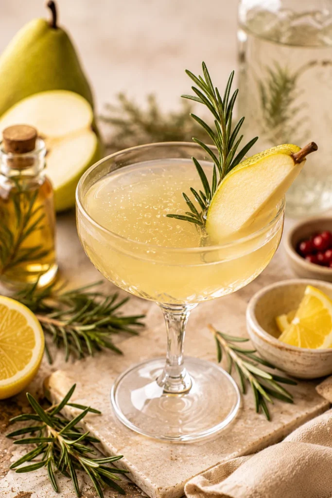 Rosemary Pear Gin Cocktail with pear nectar, gin, lemon, rosemary syrup, fresh pear, and elegant winter styling.