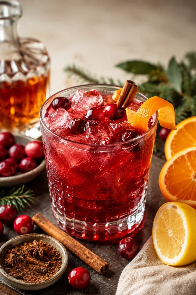 Spiced Cranberry Bourbon Smash with cranberry, orange, bourbon, cinnamon, and winter spices for easy winter alcohol-drink recipes.