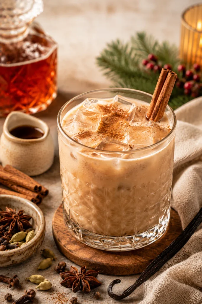 Vanilla Chai Rum Punch with dark rum, chai tea, vanilla, creamy half-and-half, cinnamon, and festive winter styling.