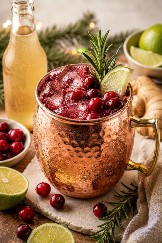 Winter Moscow Mule with vodka, cranberry juice, ginger beer, lime, and festive winter garnish in a modern Pinterest setup.