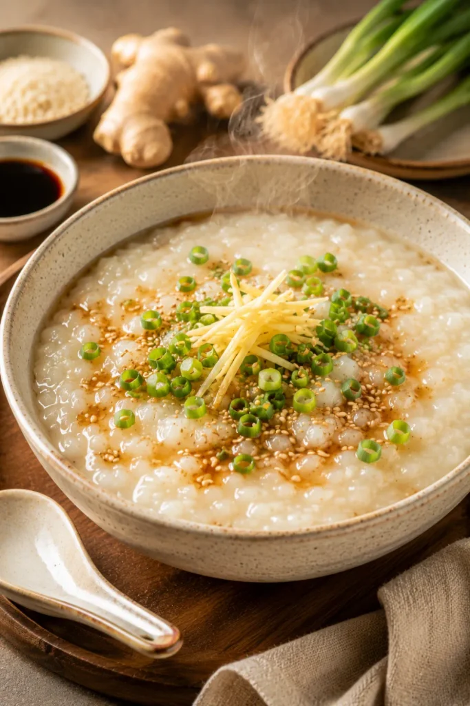 Creamy Chinese congee topped with fresh ginger and scallions, styled as a cozy easy winter Asian breakfast recipe to warm up with.