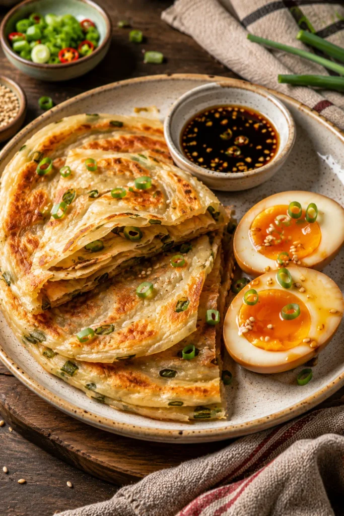 Crispy Chinese scallion pancakes with savory soy eggs and fresh scallions in an Easy Winter Asian Breakfast Recipes To Warm Up With presentation.