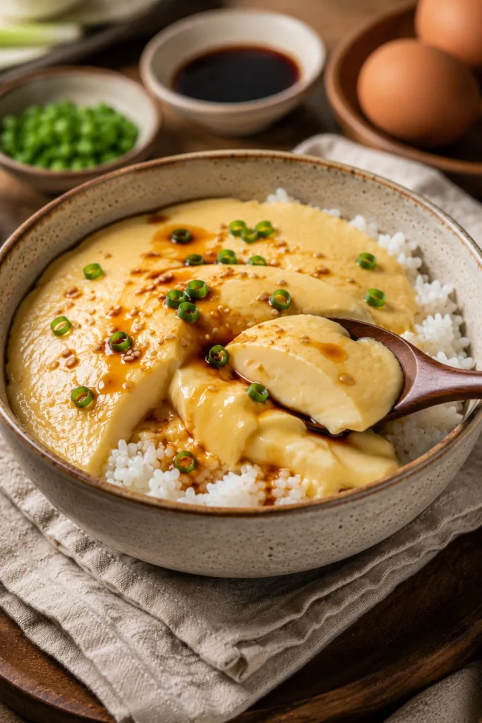 Silky Chinese steamed egg custard served over warm white rice with soy sauce and sesame oil for easy winter Asian breakfast recipes to warm up with.