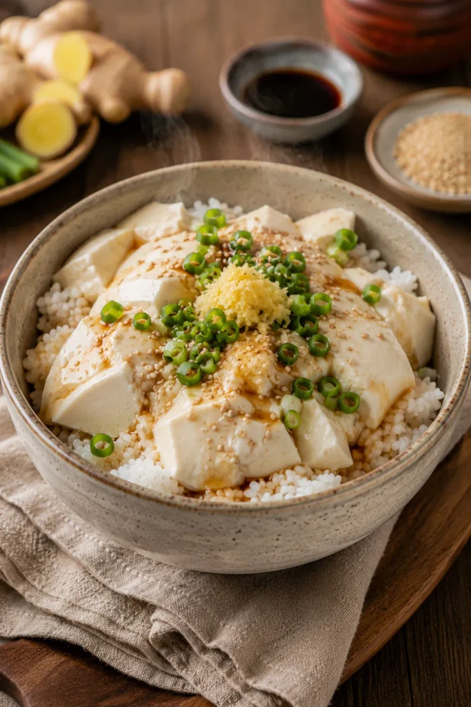 Japanese hot tofu breakfast bowl with rice, soy sauce, scallions, sesame seeds, and ginger for easy winter Asian breakfast recipes to warm up with.
