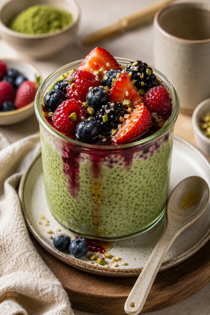 Creamy Japanese matcha chia pudding topped with warm berries for an easy winter Asian breakfast recipe to warm up with.