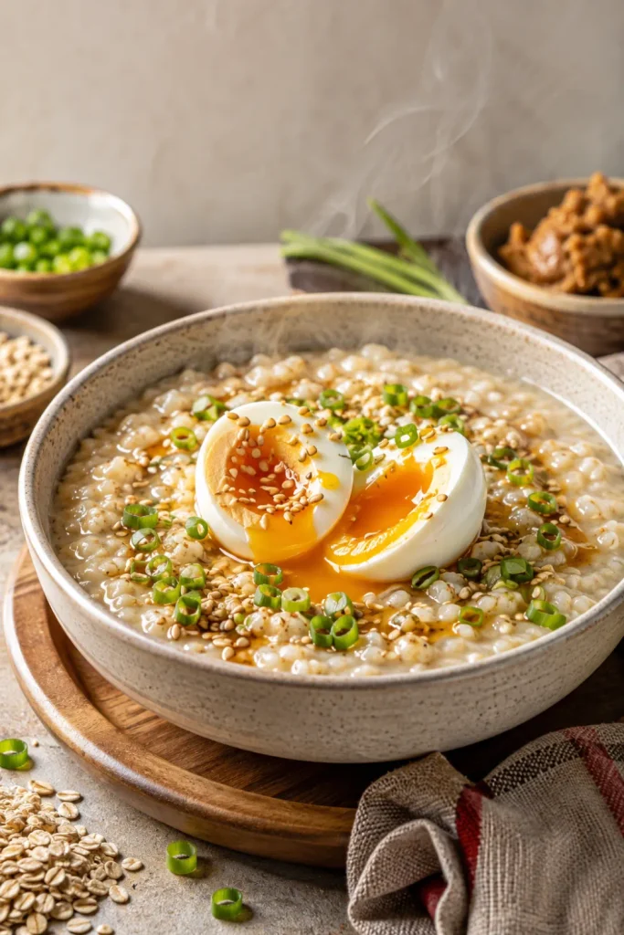 Japanese miso oatmeal with a soft-boiled egg, scallions, and sesame seeds styled as a cozy easy winter Asian breakfast recipe to warm up with.