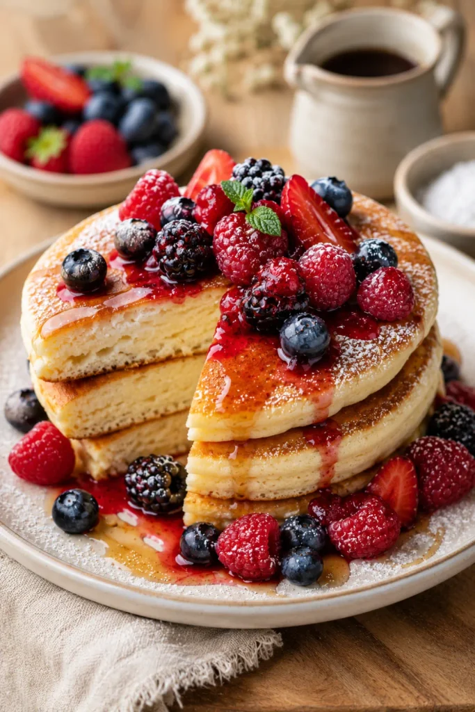 Japanese mochi pancakes with fluffy chewy centers and warm mixed berries for easy winter Asian breakfast recipes to warm up with.