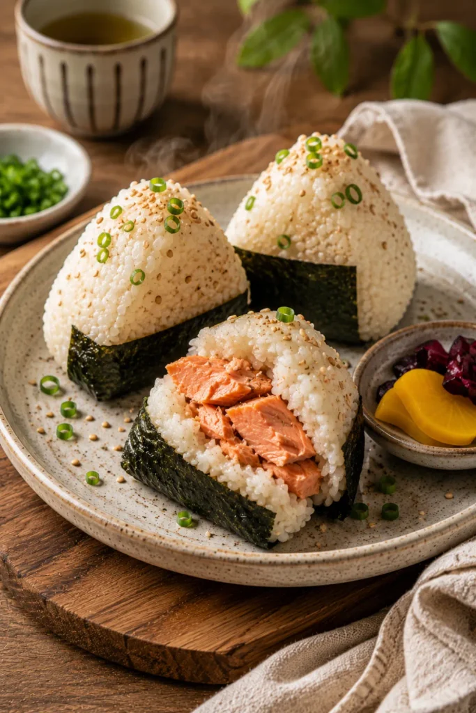Japanese salmon onigiri breakfast with nori, sesame seeds, and warm rice styled for Easy Winter Asian Breakfast Recipes To Warm Up With.