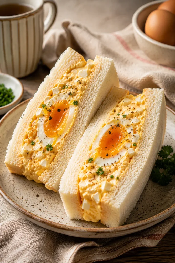 Creamy Japanese Tamago Sando egg sandwich made with soft bread and rich egg filling for Easy Winter Asian Breakfast Recipes To Warm Up With.