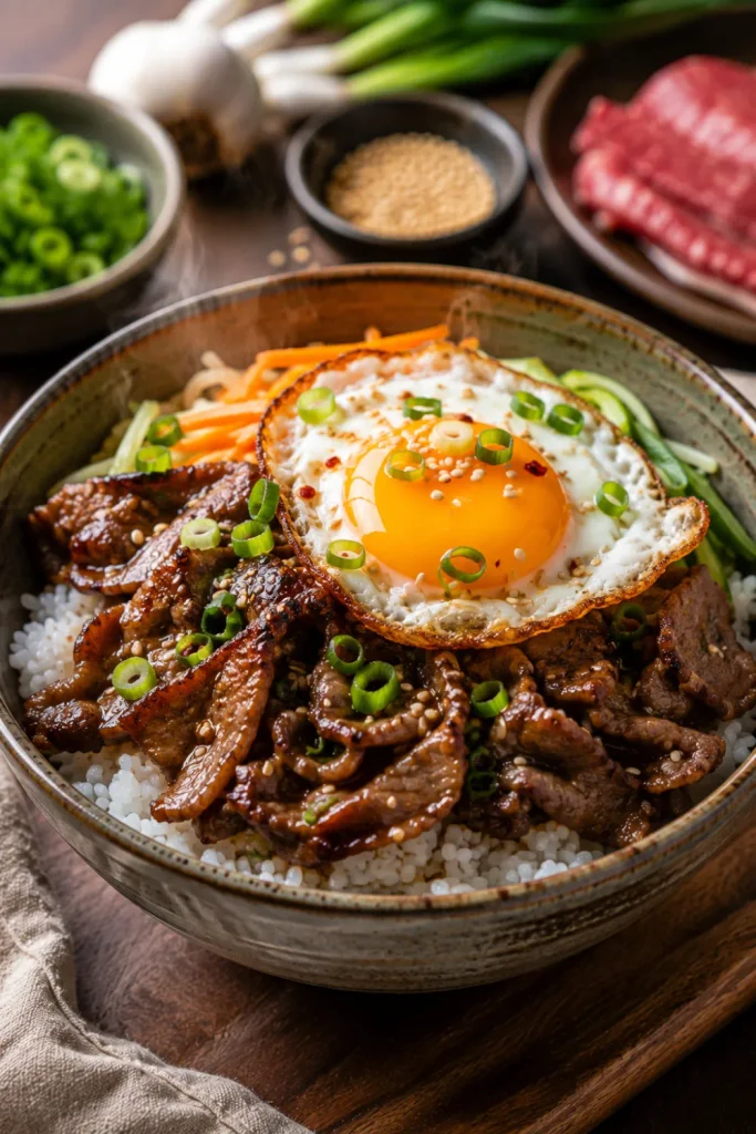 Korean bulgogi breakfast rice bowl with tender beef, steamed rice, fried egg, scallions, and sesame for easy winter Asian breakfast recipes to warm up with.