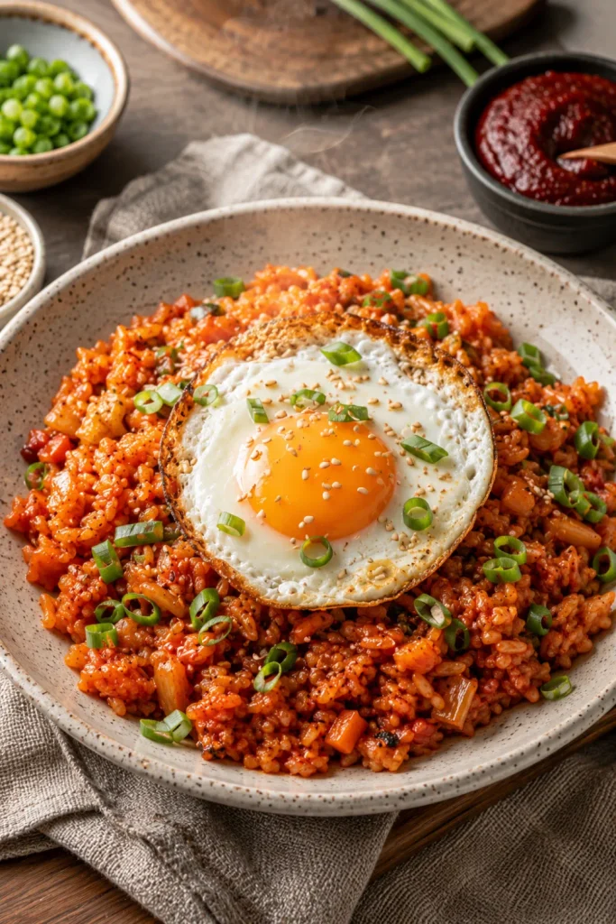 Korean gochujang breakfast fried rice topped with a fried egg and scallions for an Easy Winter Asian Breakfast Recipes To Warm Up With collection.