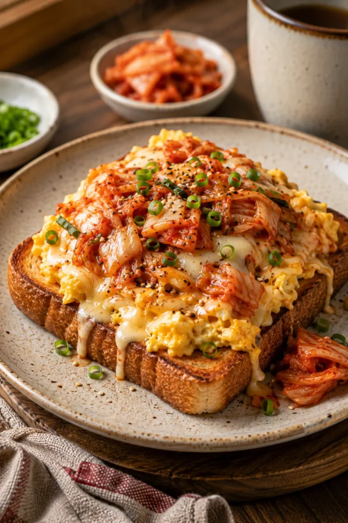 Korean kimchi egg toast with fluffy scrambled eggs, melted cheese, and warm crisp bread for easy winter Asian breakfast recipes to warm up with.