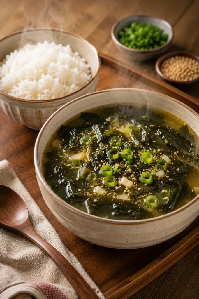 Warm Korean seaweed soup served with steamed rice and scallions for easy winter Asian breakfast recipes to warm up with.