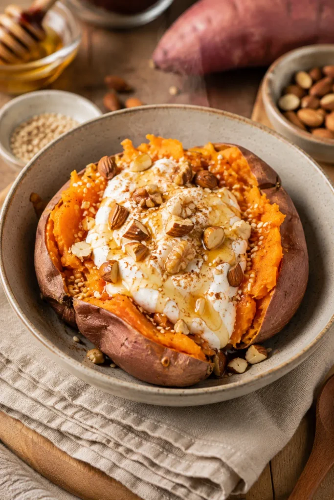 Korean sweet potato breakfast bowl with creamy yogurt, honey, nuts, cinnamon, and sesame for easy winter Asian breakfast recipes to warm up with.