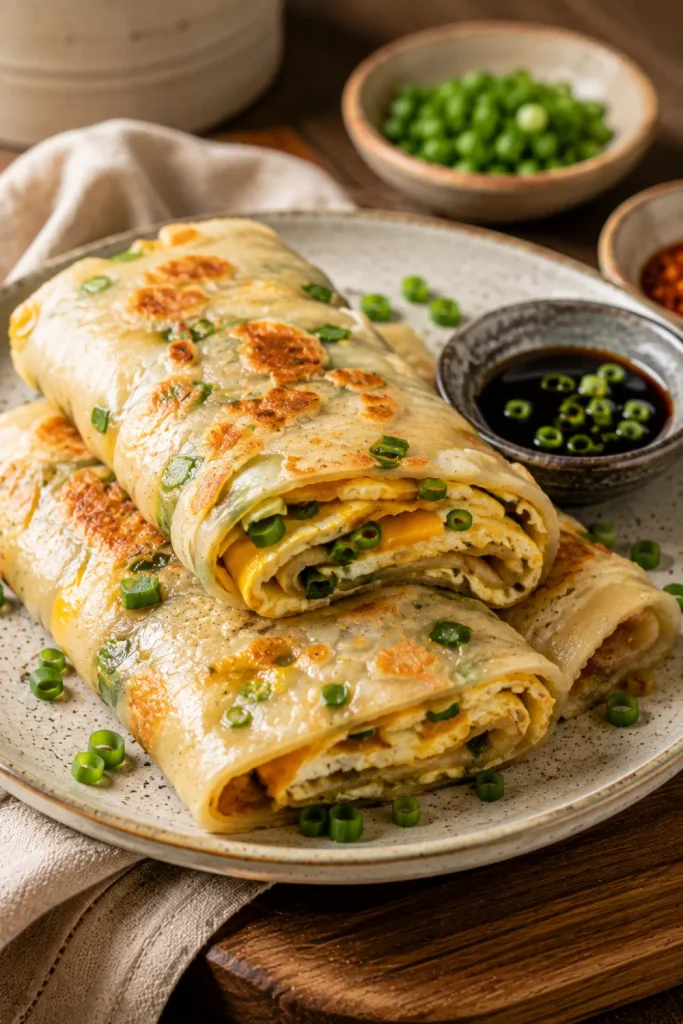 Taiwanese Dan Bing breakfast crepes filled with egg and scallions, served with soy sauce in an Easy Winter Asian Breakfast Recipes To Warm Up With setup.