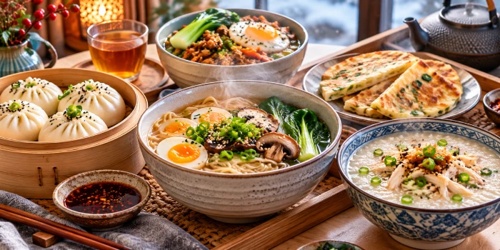 Warm and comforting Asian breakfast recipes for winter, featuring steaming ramen with eggs and greens, chicken congee, fluffy bao buns, scallion pancakes, hot tea, and savory toppings on a cozy wooden table.