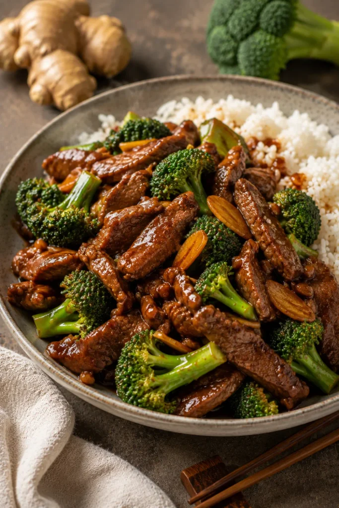 Chinese beef and broccoli stir-fry with tender glossy beef, crisp broccoli, garlic, ginger, savory sauce, and steamed rice.