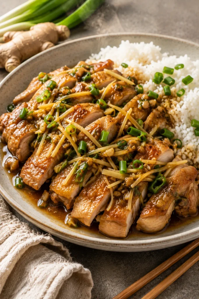 Chinese ginger scallion chicken with tender golden chicken, fresh ginger, scallions, savory soy sauce, and steamed rice in a cozy winter dinner setting.