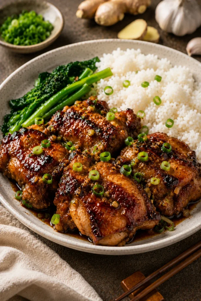 Chinese soy-garlic-glazed chicken thighs with caramelized glossy sauce, garlic, ginger, scallions, steamed rice, and winter vegetables.