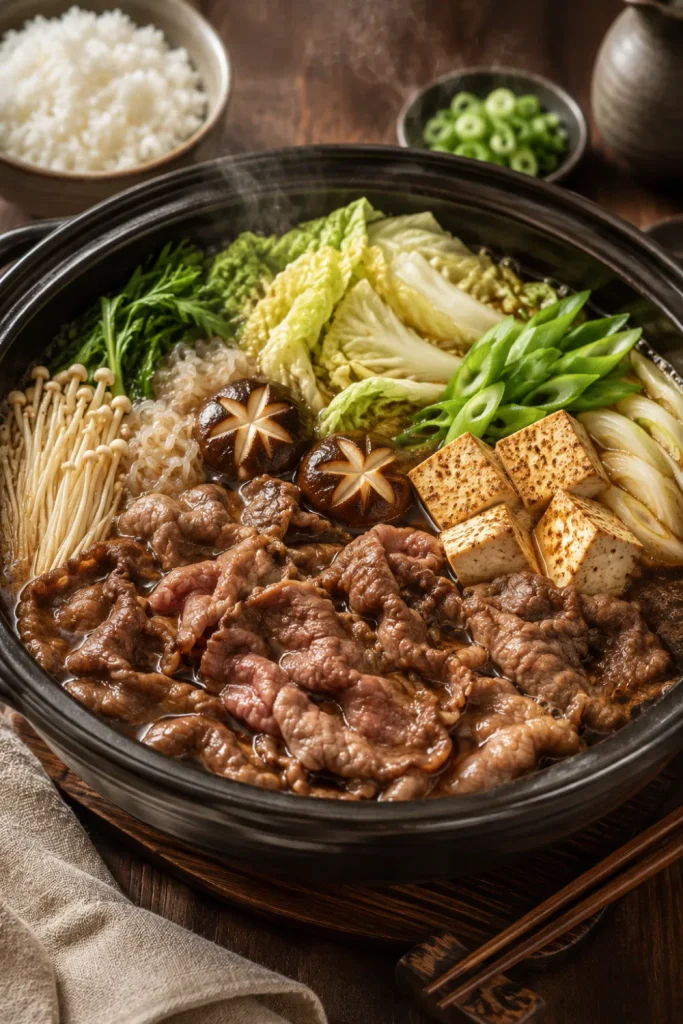 Japanese beef sukiyaki with tender, thin-sliced beef, tofu, mushrooms, napa cabbage, green onions, and savory sweet broth.